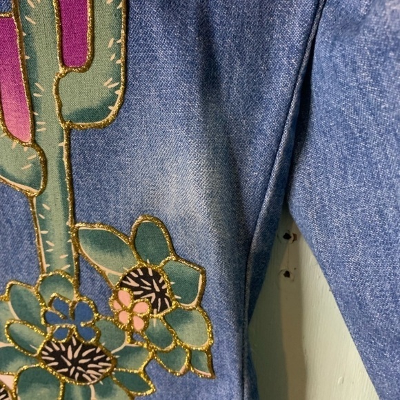 Women’s Sunbelt blue denim button up dress with a desert and cactus patch work - Picture 3 of 6